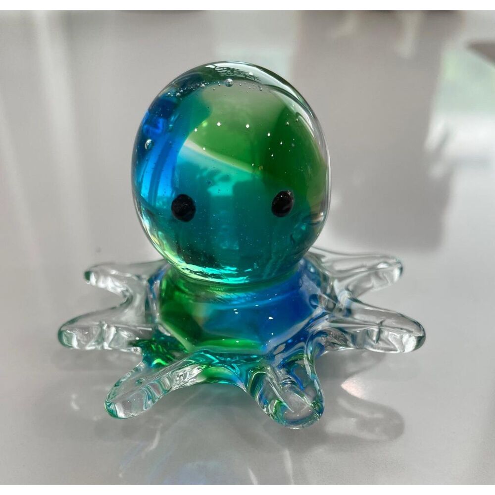Handmade Art Glass Little Octopus Figurine Paperweight Blue Green
